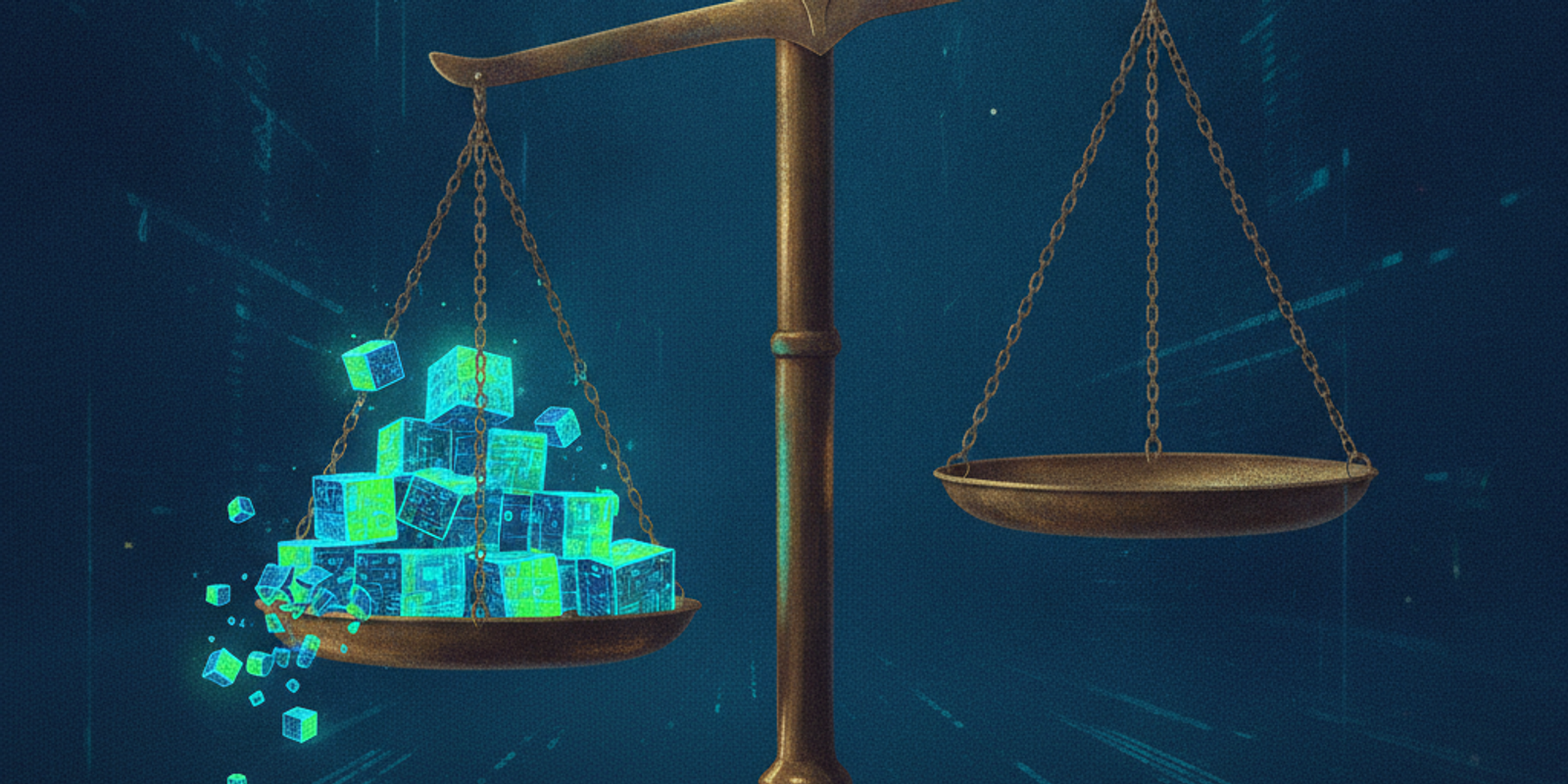 An overloaded scale tipping under the weight of glowing digital blocks, representing a breached DNS limit.