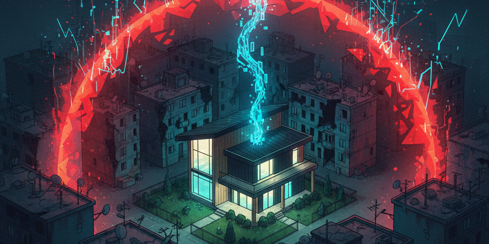 An illustration of a pristine house whose digital connection is being blocked because it's in a neighborhood with decayi