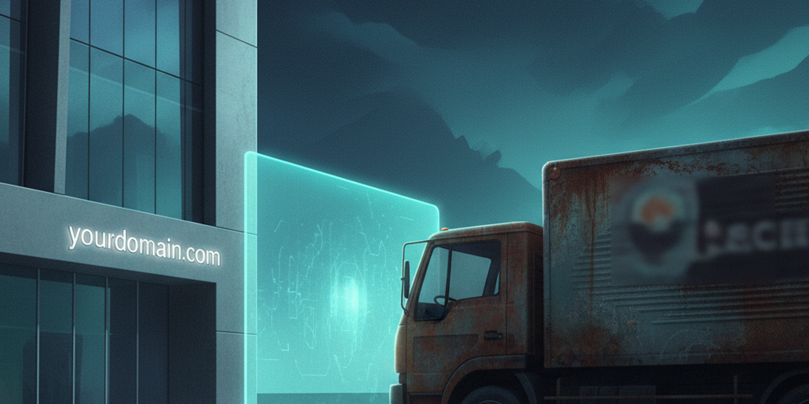 An illustration showing a rusty third-party delivery truck being blocked by a security barrier before it can reach a pri