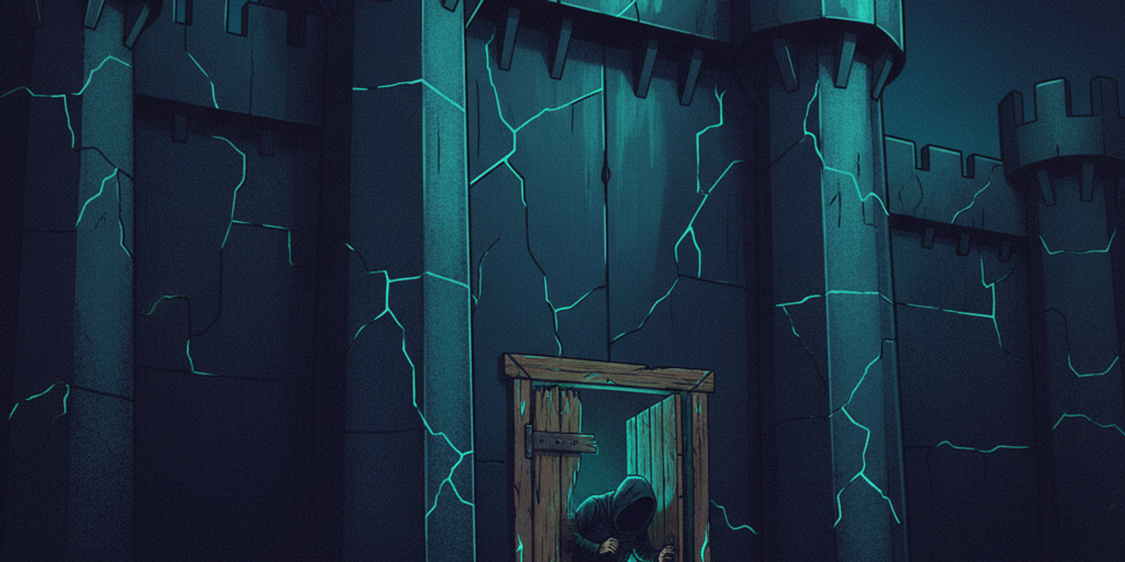 An illustration showing a shadowy figure bypassing a large secure gate by using a small, unlocked side door, representin