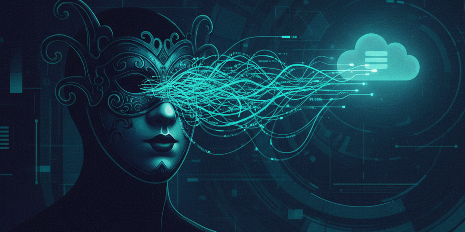 An illustration of a masked figure representing an anonymous threat actor, with network cables flowing from behind the m