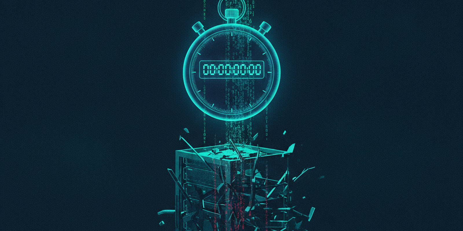 A glowing digital stopwatch hovering over dark fragmented server racks with teal and red data streams.
