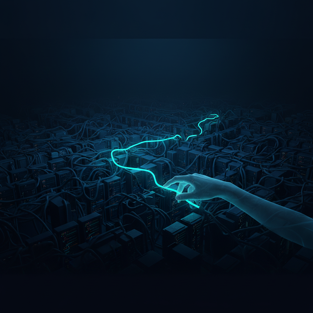 Illustration of a hand tracing a glowing wire through a dark, complex server labyrinth, representing phishing header ana