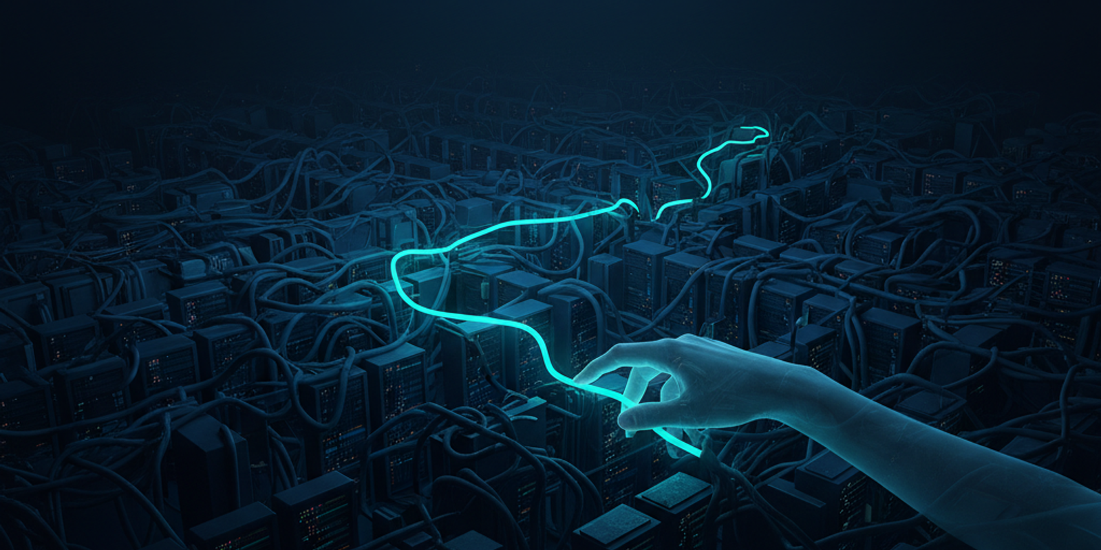 Illustration of a hand tracing a glowing wire through a dark, complex server labyrinth, representing phishing header ana
