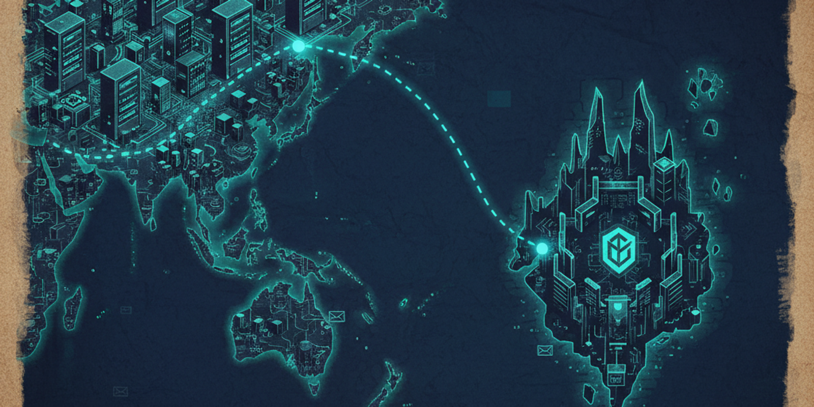 An illustration of a pirate-style map where shipping routes represent email flow, with one route going to a secure fortr