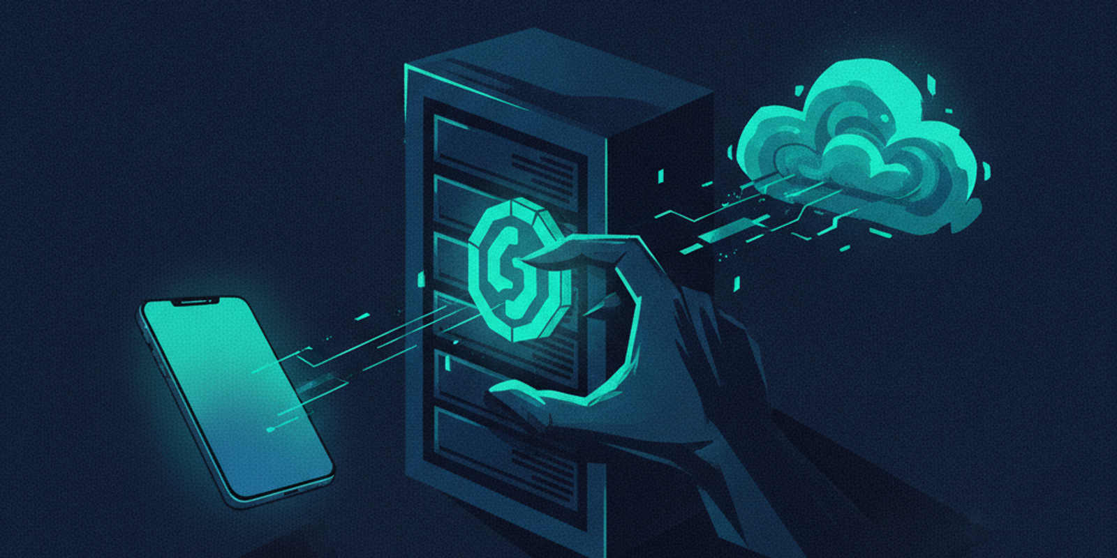 Editorial illustration showing a digital token intercepted between a device and the cloud