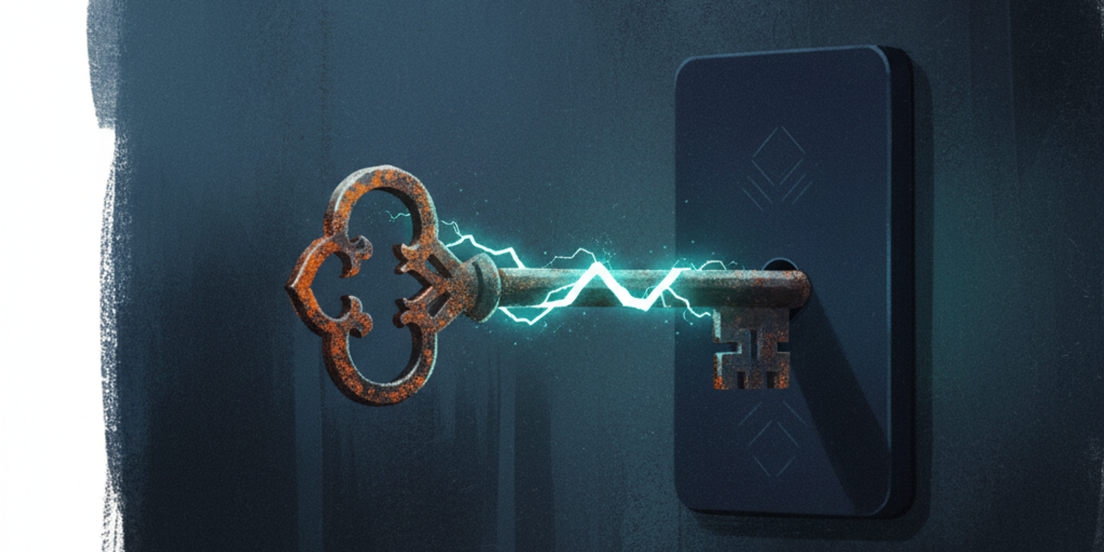 An editorial illustration of a cracked, rusty key representing a weak DKIM SHA-1 signature about to be inserted into a m