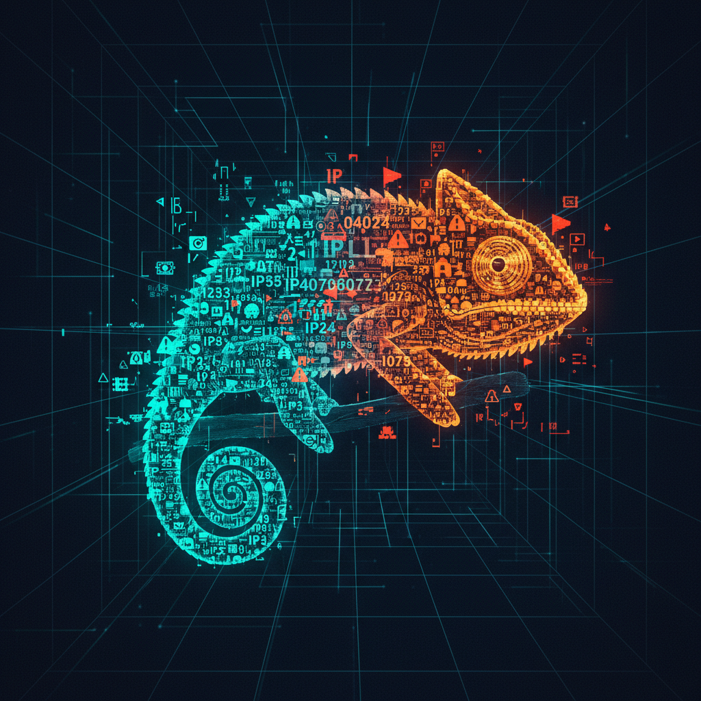 An illustration of a chameleon made of IP addresses, symbolizing an attacker changing IPs to evade detection on a networ