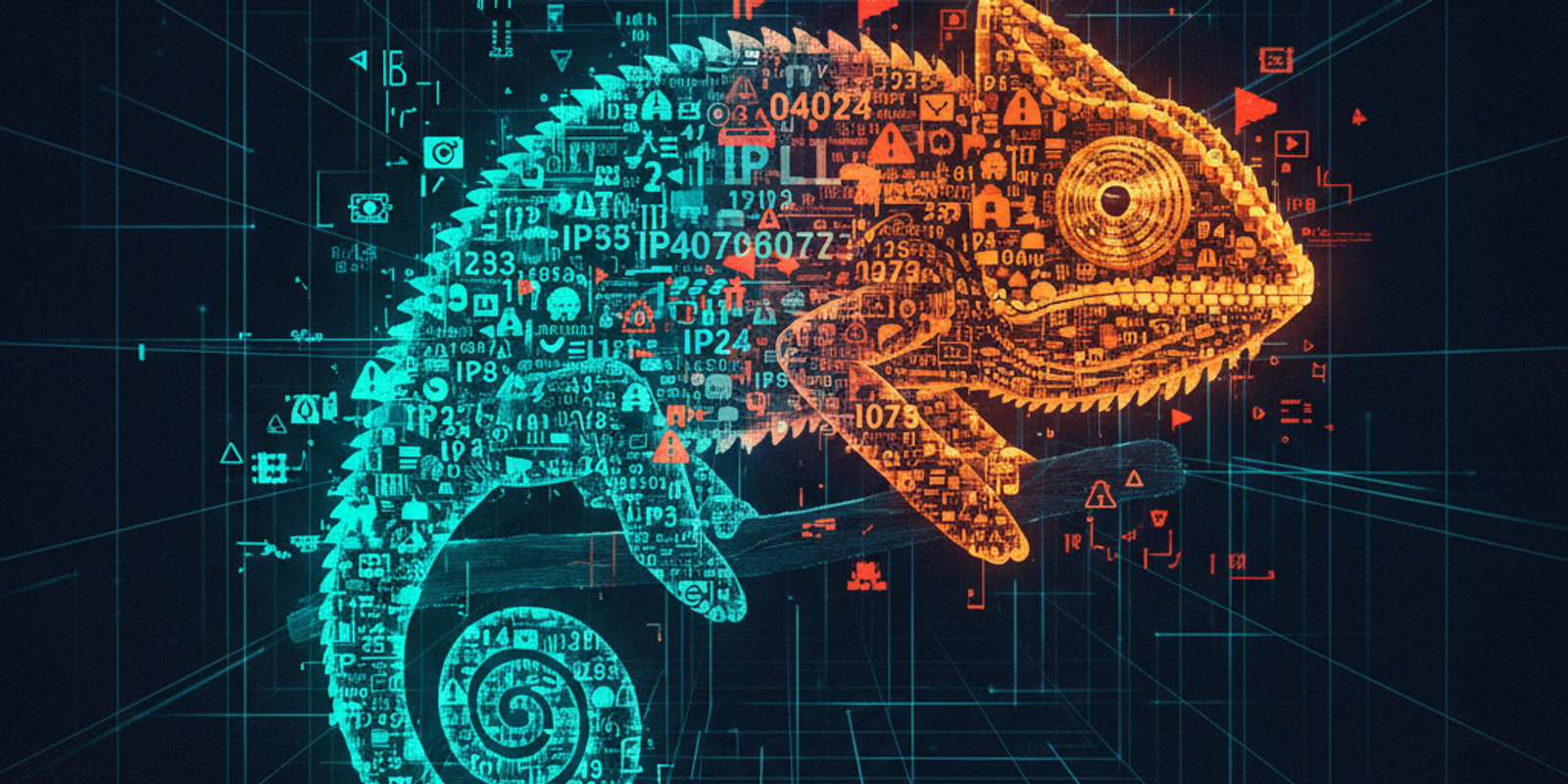 An illustration of a chameleon made of IP addresses, symbolizing an attacker changing IPs to evade detection on a networ