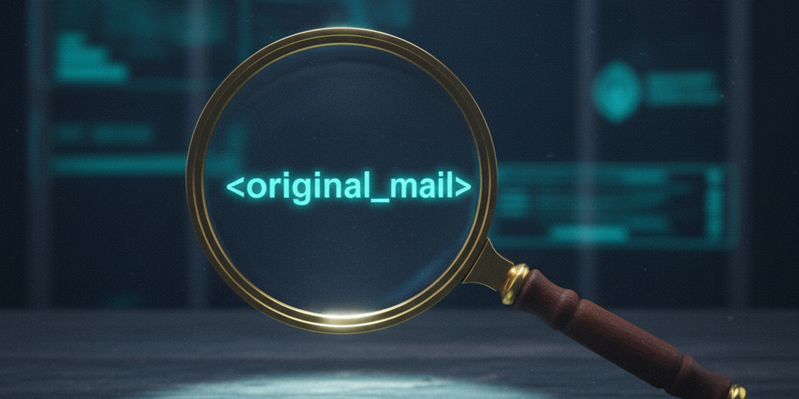 An illustration of a glowing XML tag for an original email being examined under a magnifying glass, symbolizing DMARC fo