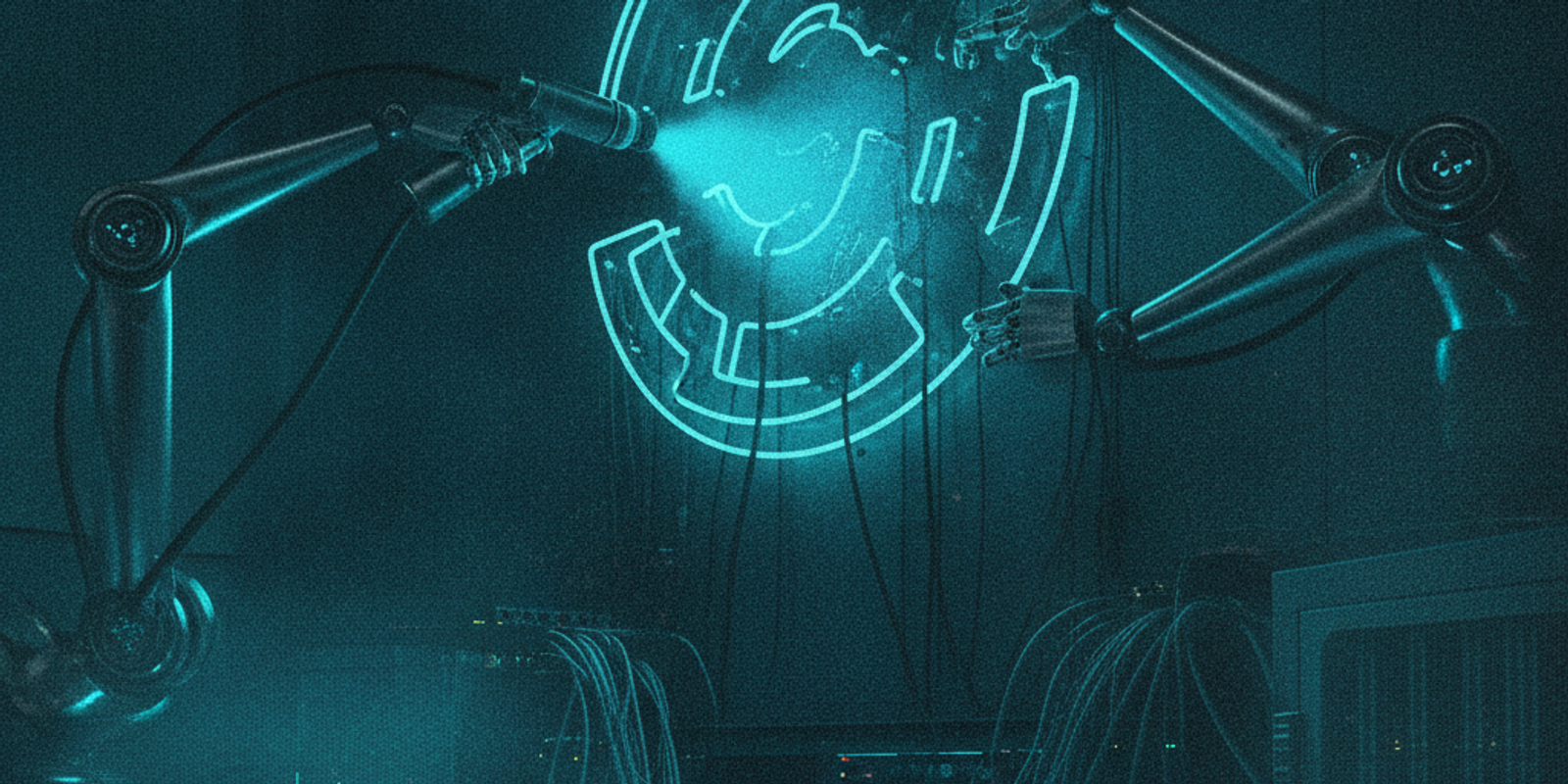 A moody editorial illustration of a glowing sign being sanitized in a dark server room.