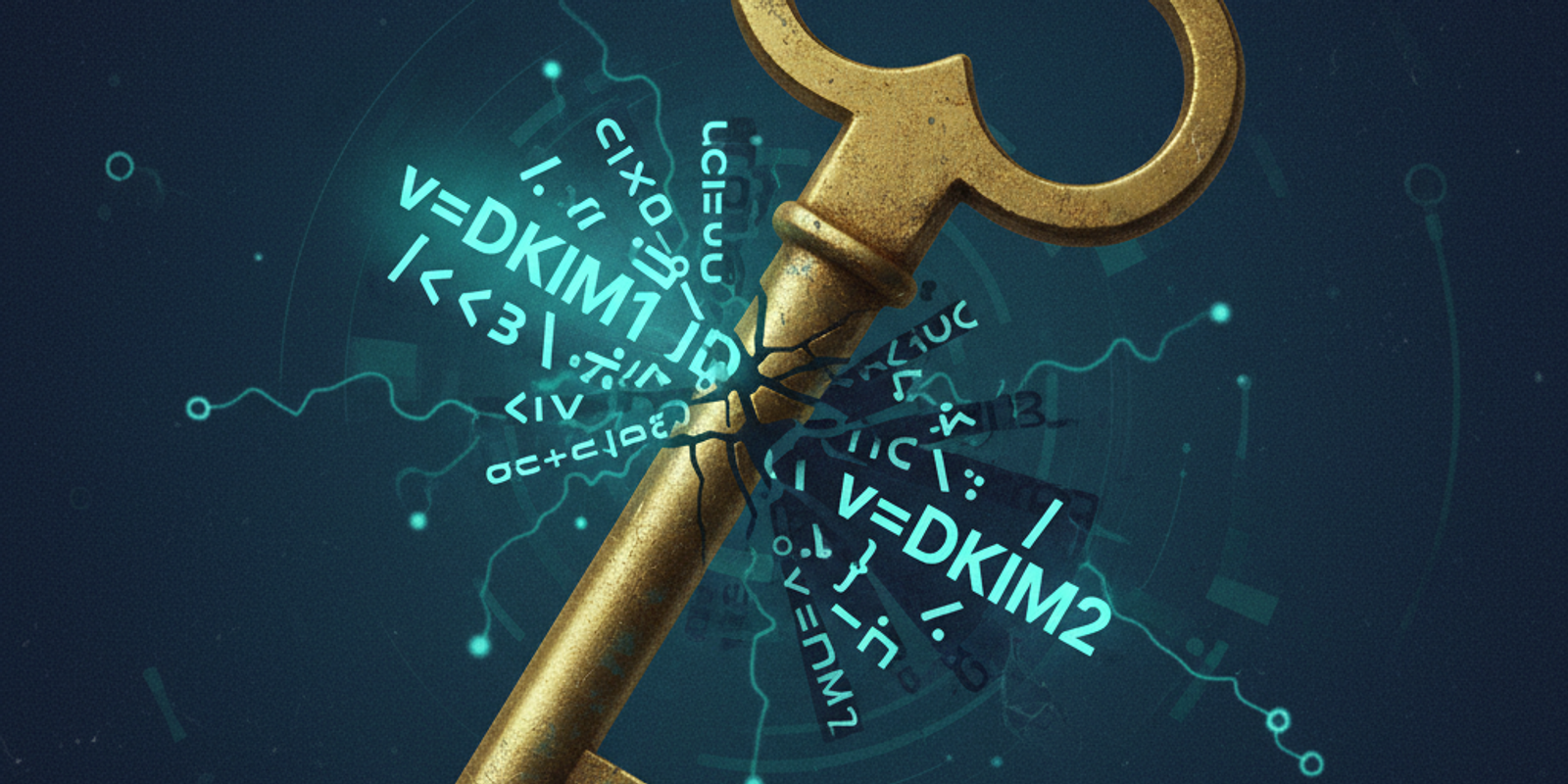 An editorial illustration of an ornate brass key where the teeth are made of code tags. One tag, 'v=DKIM2', is cracked,