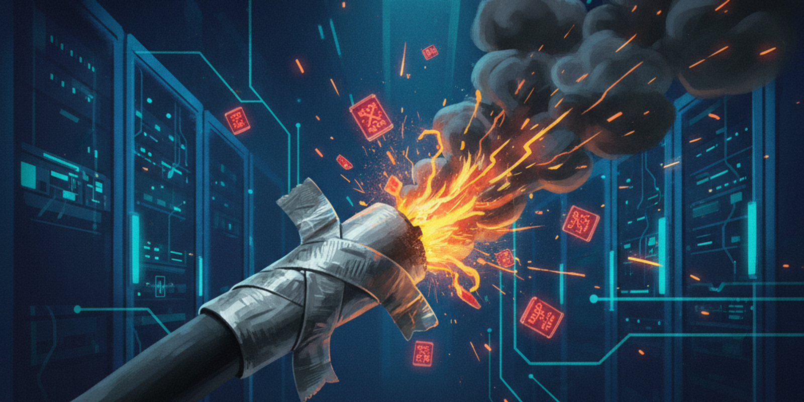 An illustration of a smoking, damaged server cable patched with tape, emitting sparks and spam icons, symbolizing a hidd