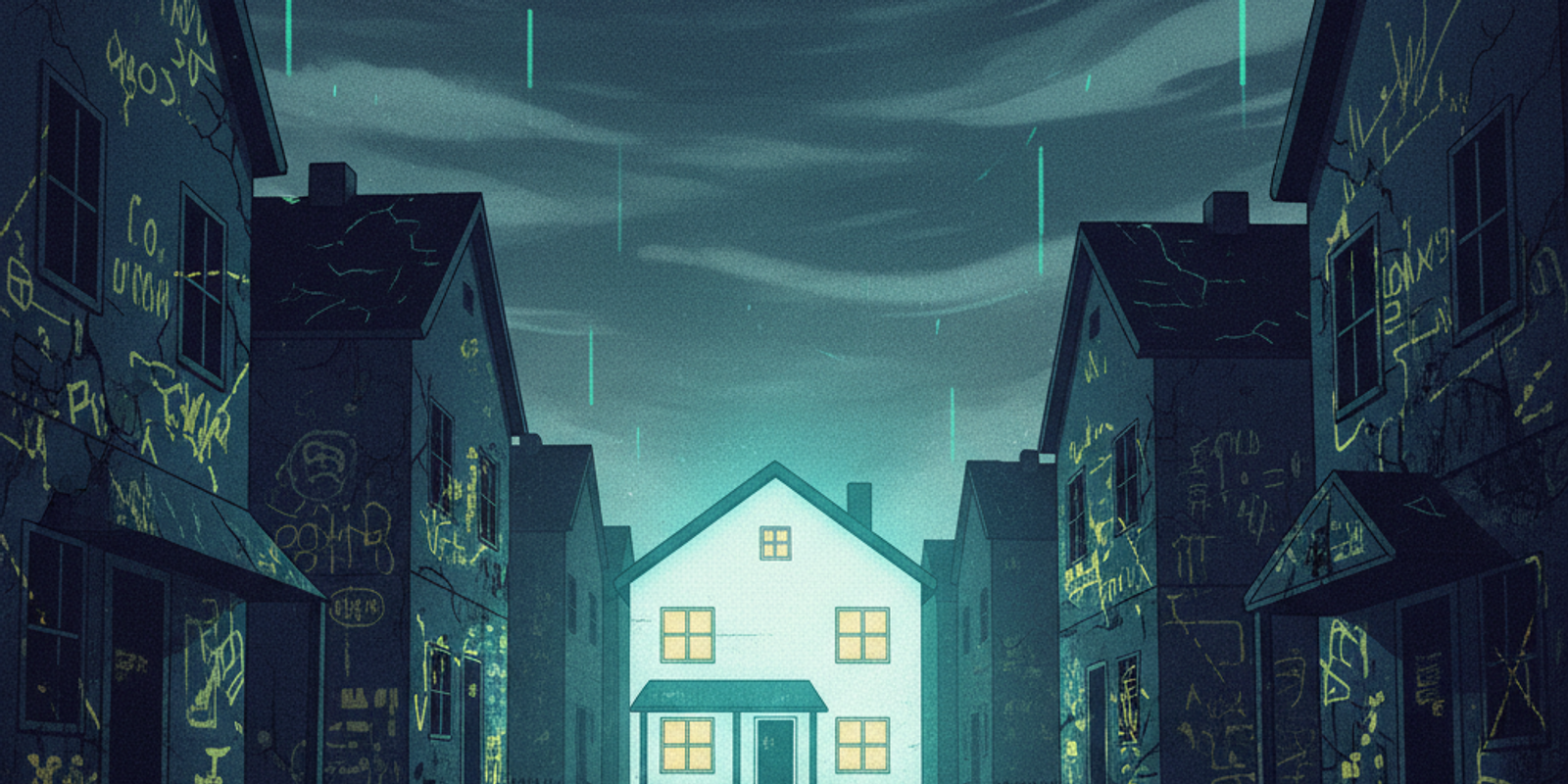 A clean, well-kept house stands out on a street of run-down houses, symbolizing a good domain with a bad shared IP addre