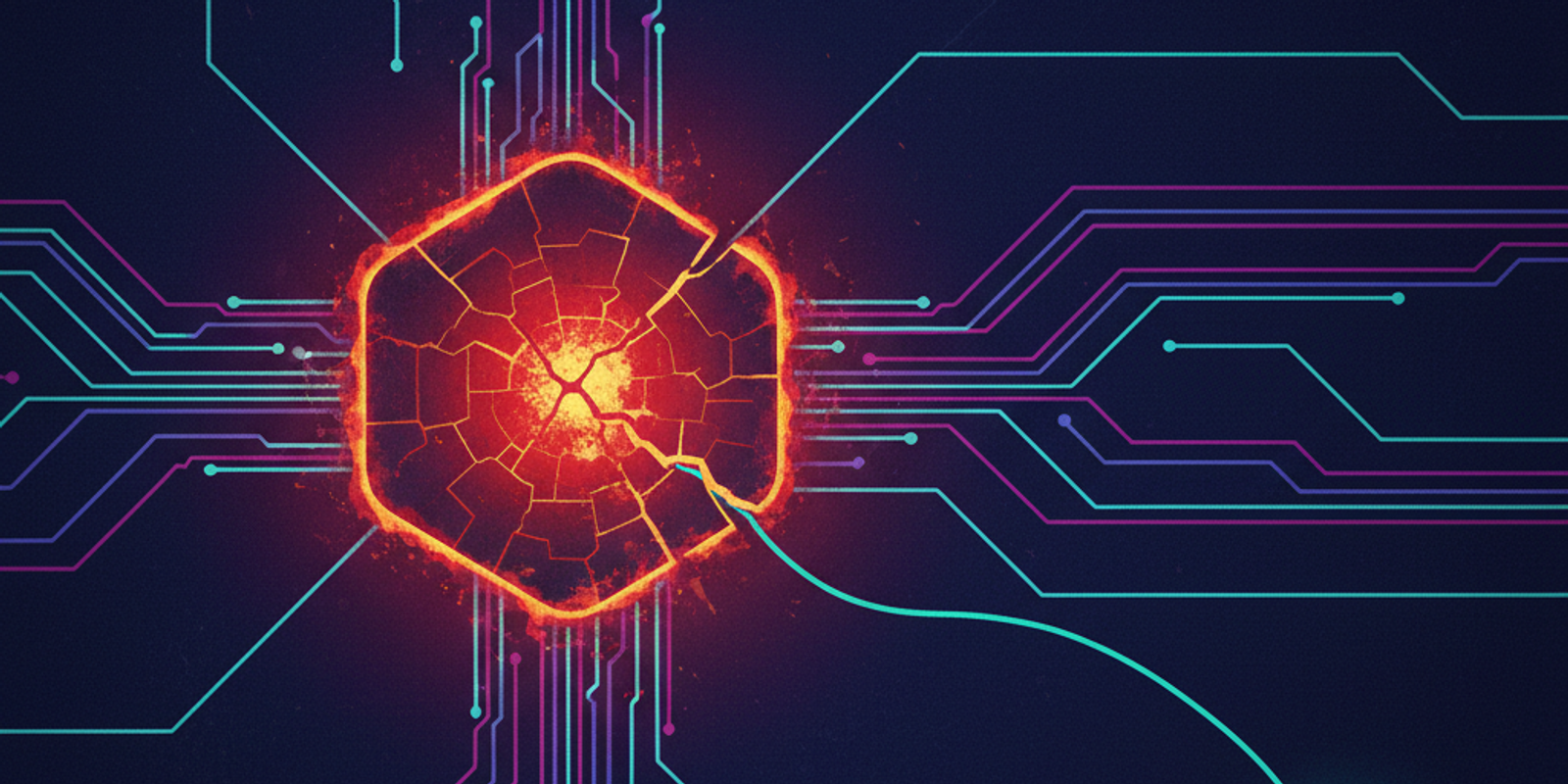 An abstract illustration of a burned-out network node with a new connection secretly branching off to a fresh node, symb