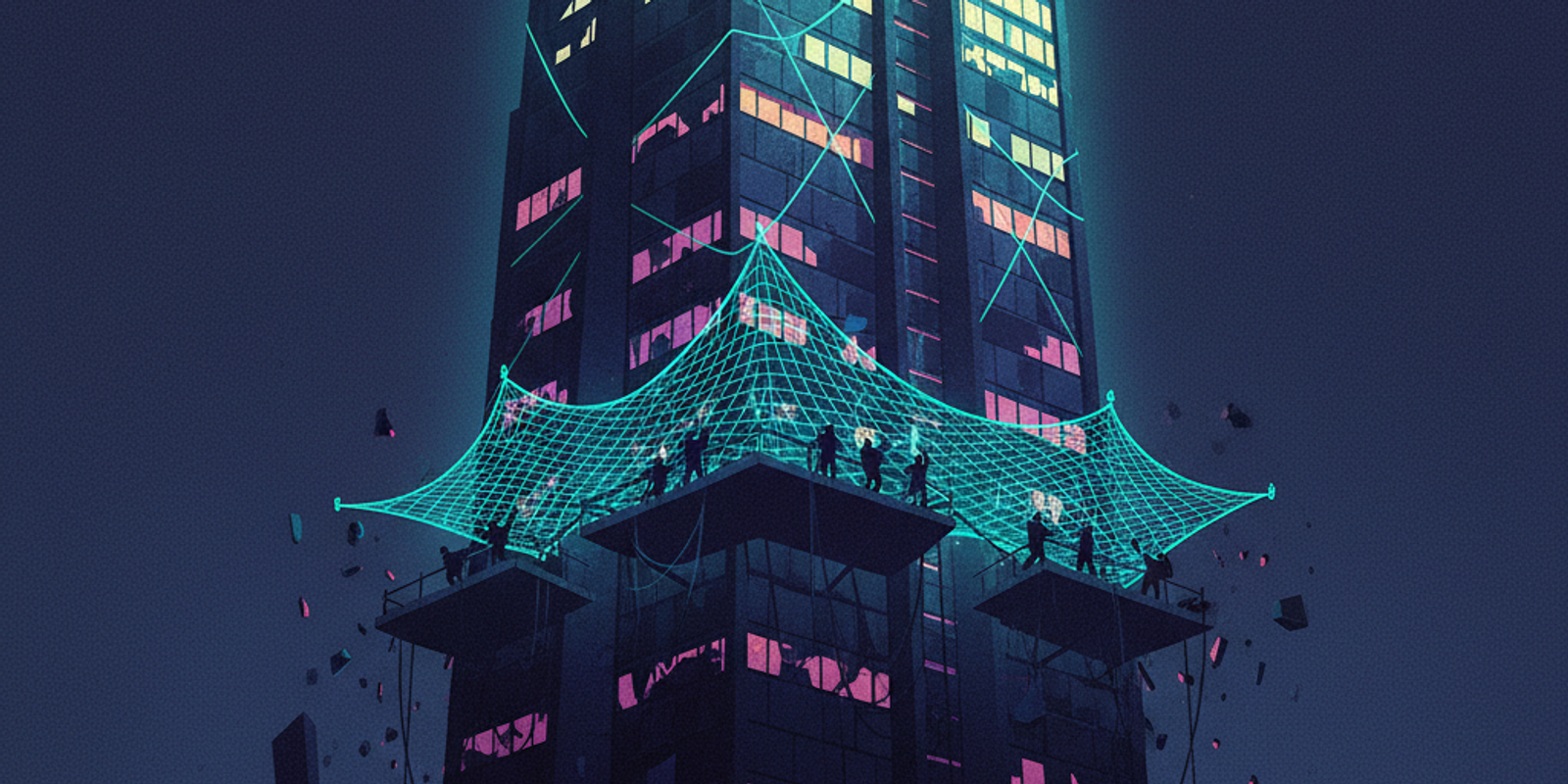 An illustration of a skyscraper representing a DMARC-protected domain, with a glowing safety net being installed to secu