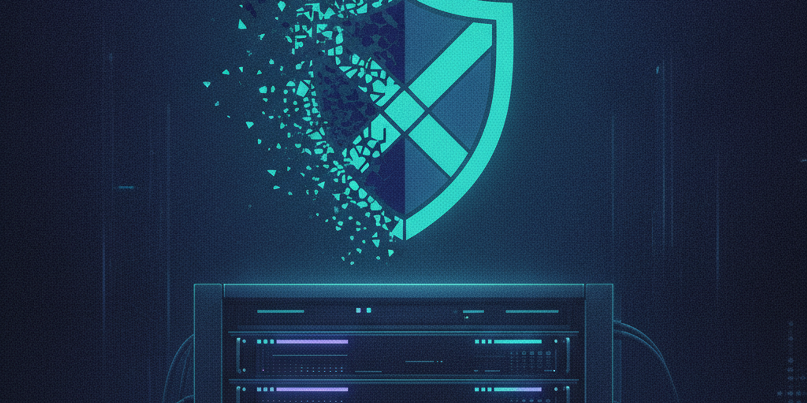 A holographic shield dissolving over a dark server rack
