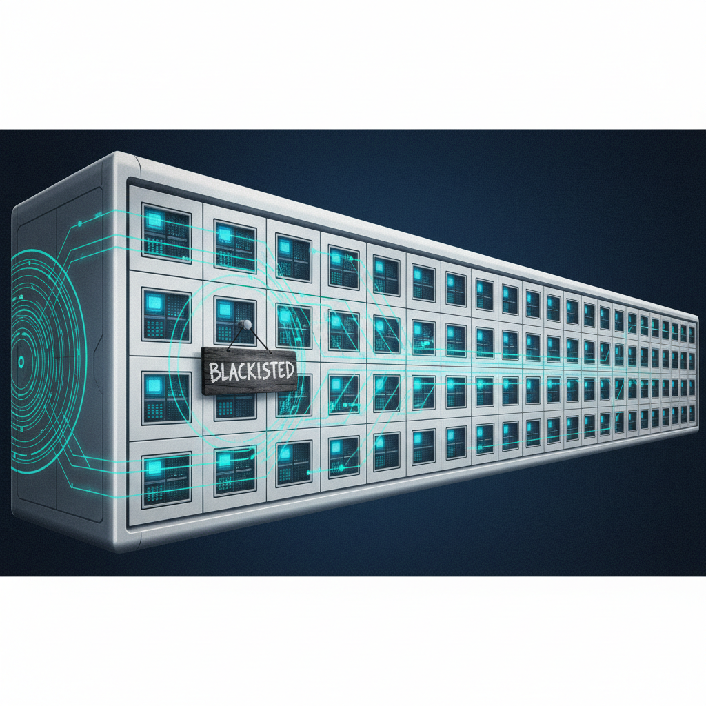 An illustration of a massive, clean server building representing Microsoft 365, with a small, obscure blacklist notice o