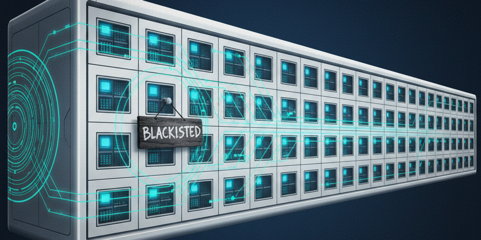 An illustration of a massive, clean server building representing Microsoft 365, with a small, obscure blacklist notice o