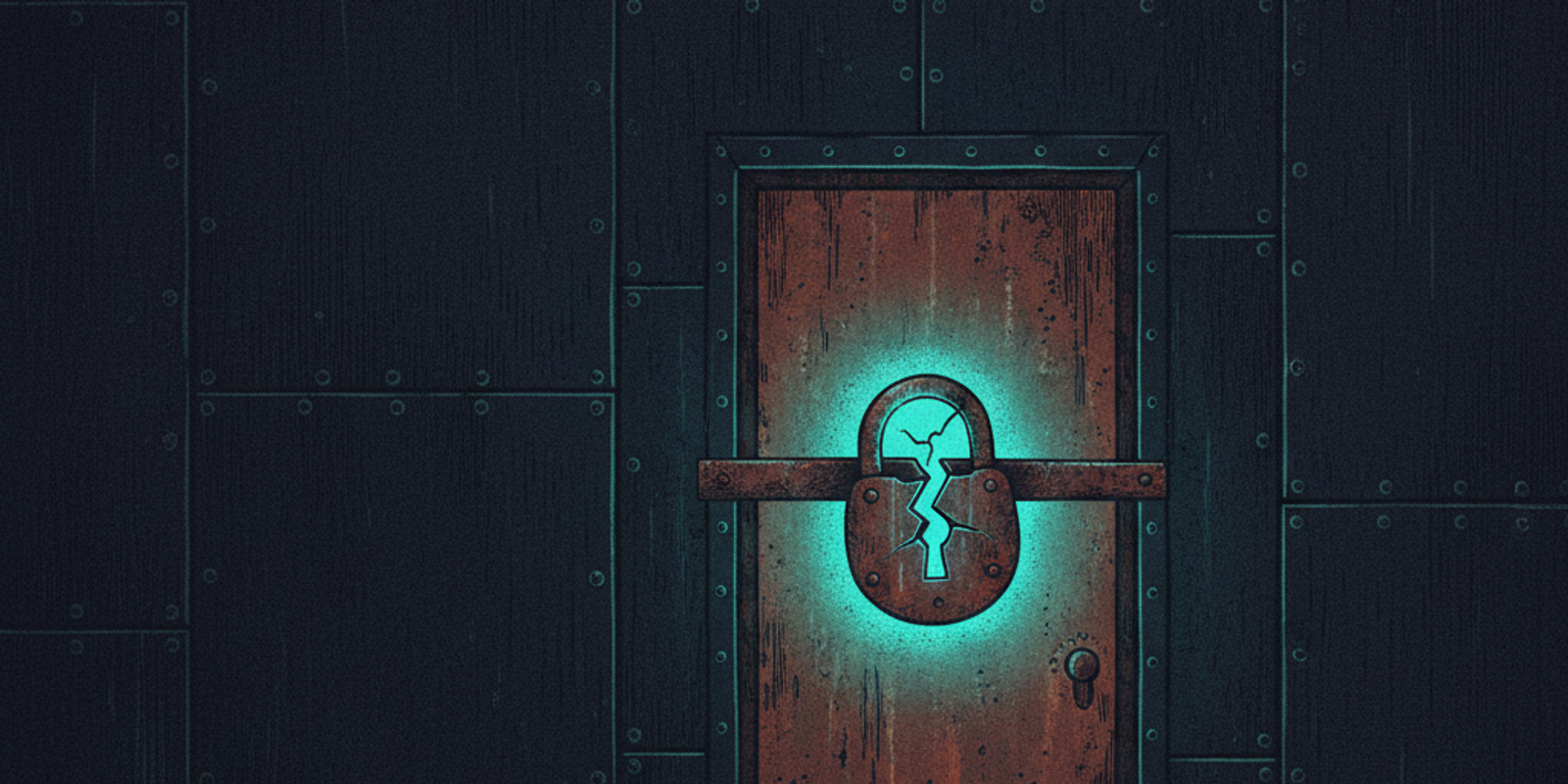 Editorial illustration of a large metal security wall with a small, rusted door secured by a single, glowing lock that i