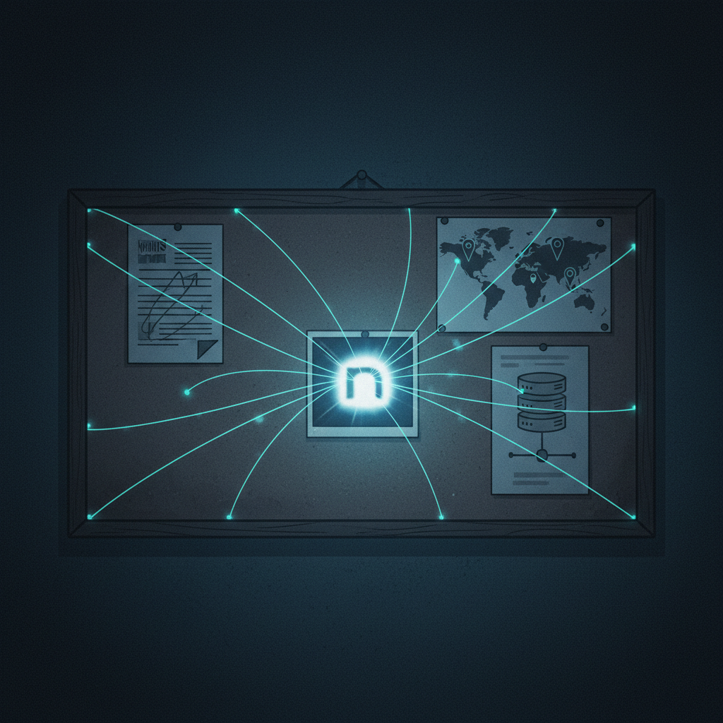 Illustration of evidence on a corkboard linked by glowing lines, all pointing to a single domain name, symbolizing domai