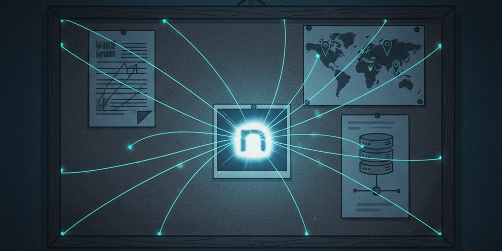 Illustration of evidence on a corkboard linked by glowing lines, all pointing to a single domain name, symbolizing domai