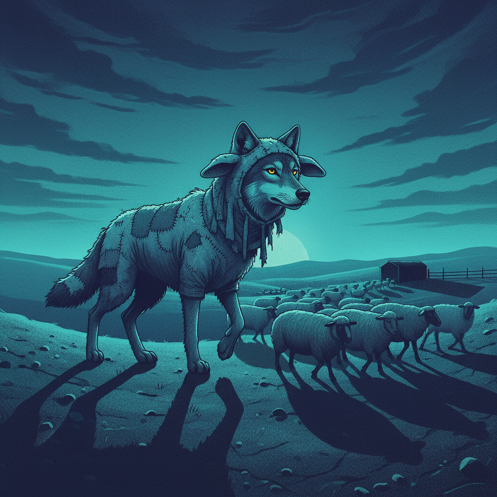 Editorial illustration of a wolf in sheep's clothing carefully herding sheep, symbolizing a threat actor building a fake