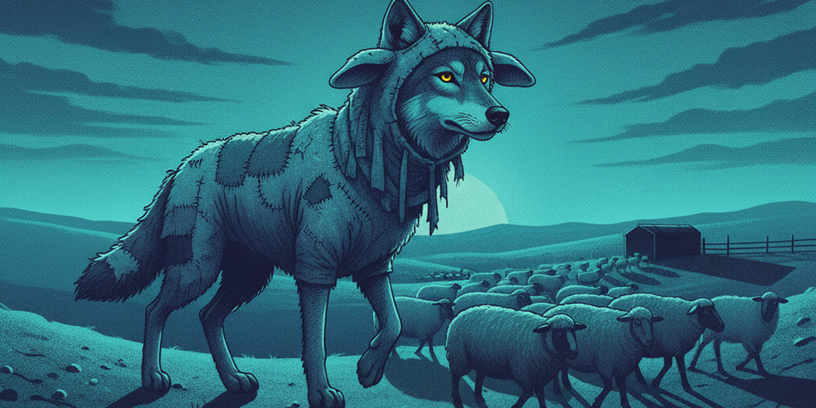 Editorial illustration of a wolf in sheep's clothing carefully herding sheep, symbolizing a threat actor building a fake