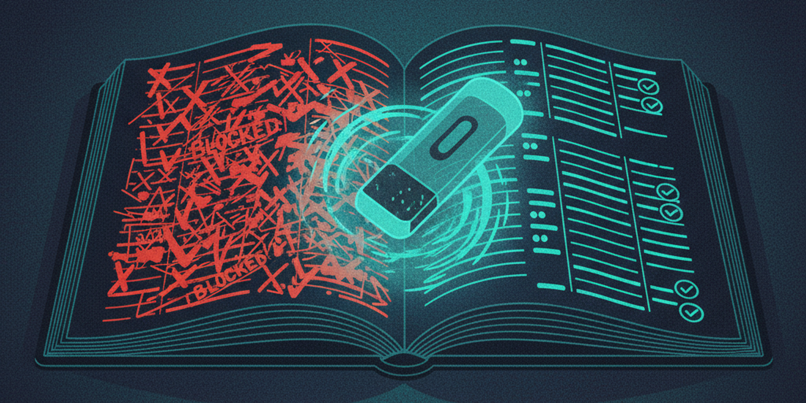 An illustration of a ledger book symbolizing a domain's reputation being cleaned, transforming chaotic red 'BLOCKED' ent