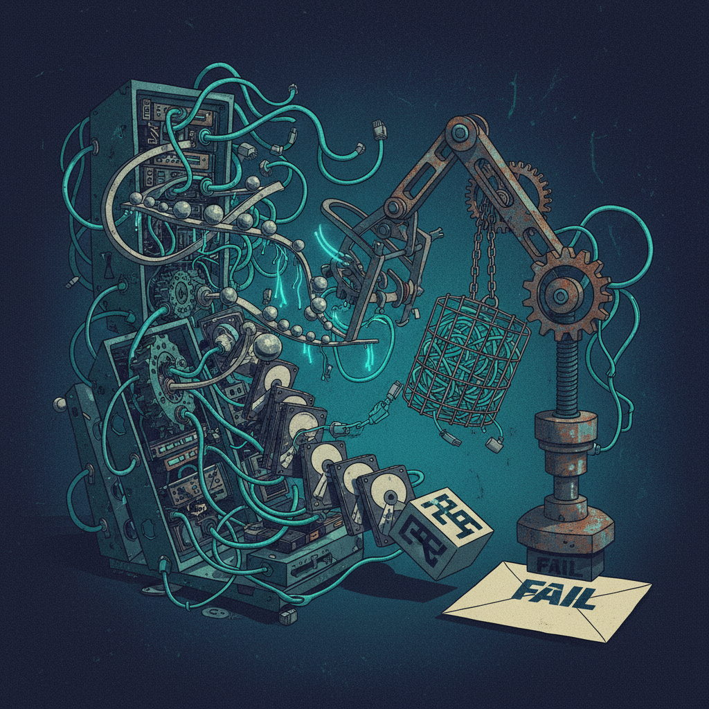 An illustration of a domino labeled PTR starting a chain reaction in a complex, failing machine, representing the unreli