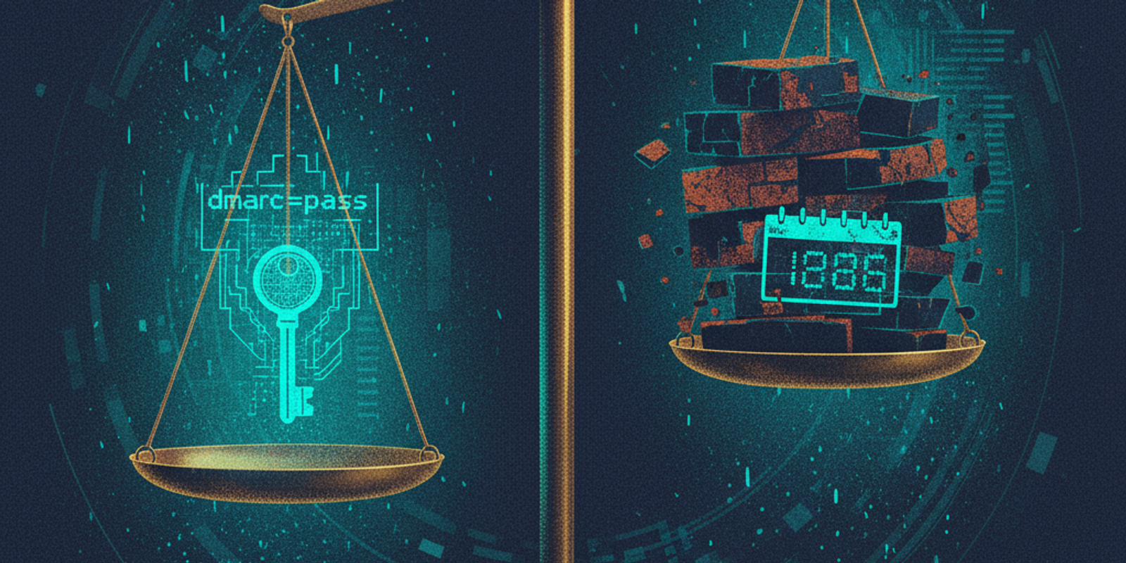 A balance scale illustrating trust, with a pristine key (DMARC) outweighed by a crumbling, dated block (new domain age).