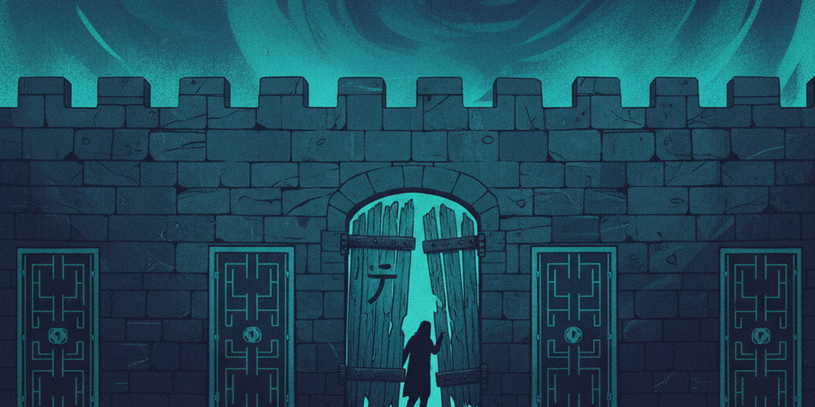 Illustration of a castle wall with strong gates, but one weak wooden gate with a tilde, symbolizing a permissive SPF ~al