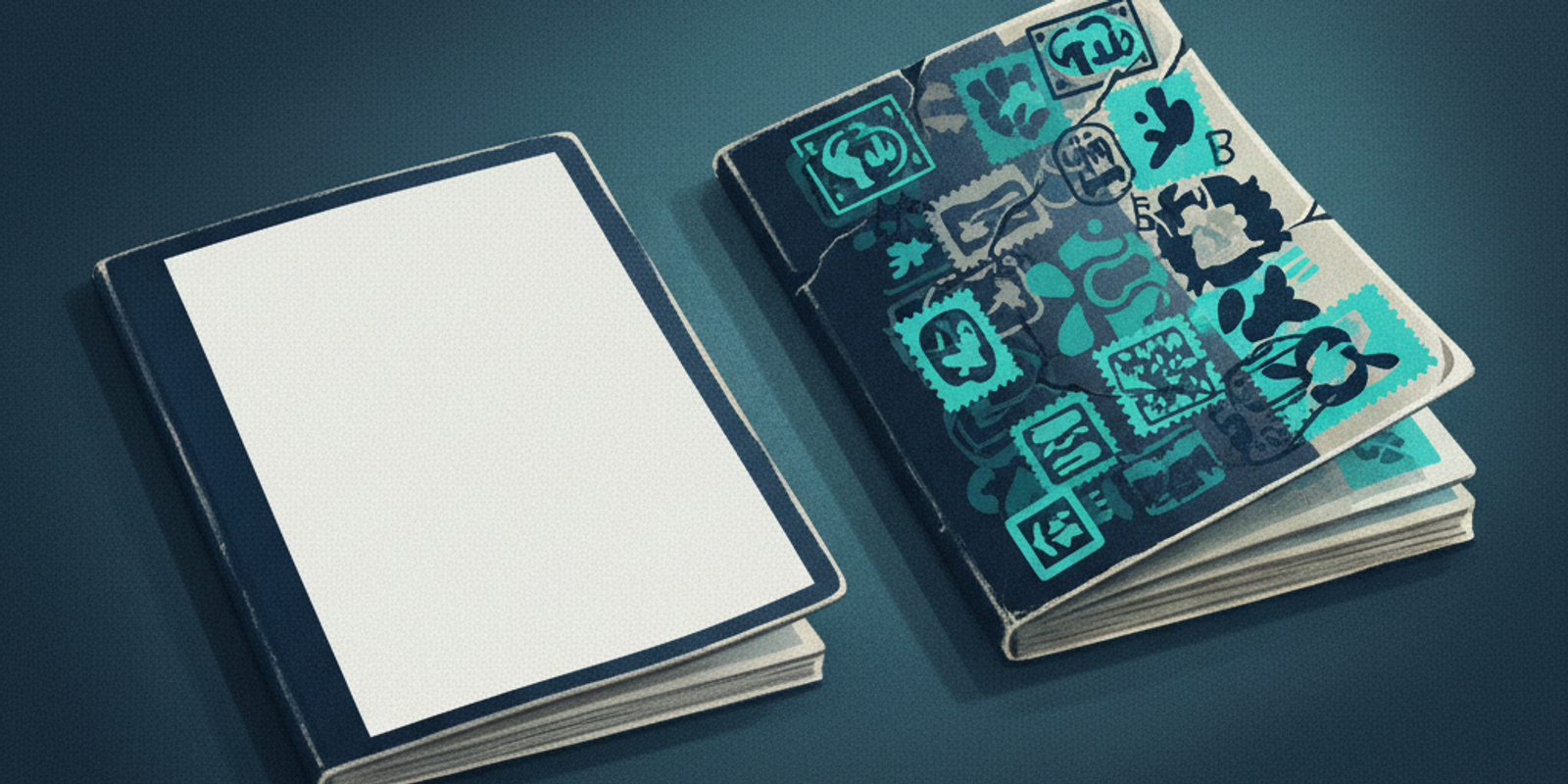 An illustration showing a new, blank passport next to an old, heavily stamped passport, symbolizing new vs. established