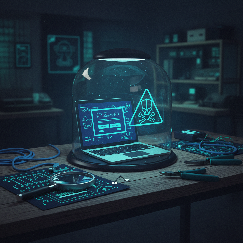 An illustration of a laptop in a glass box, representing a safe phishing sandbox, with analysis tools outside the box.