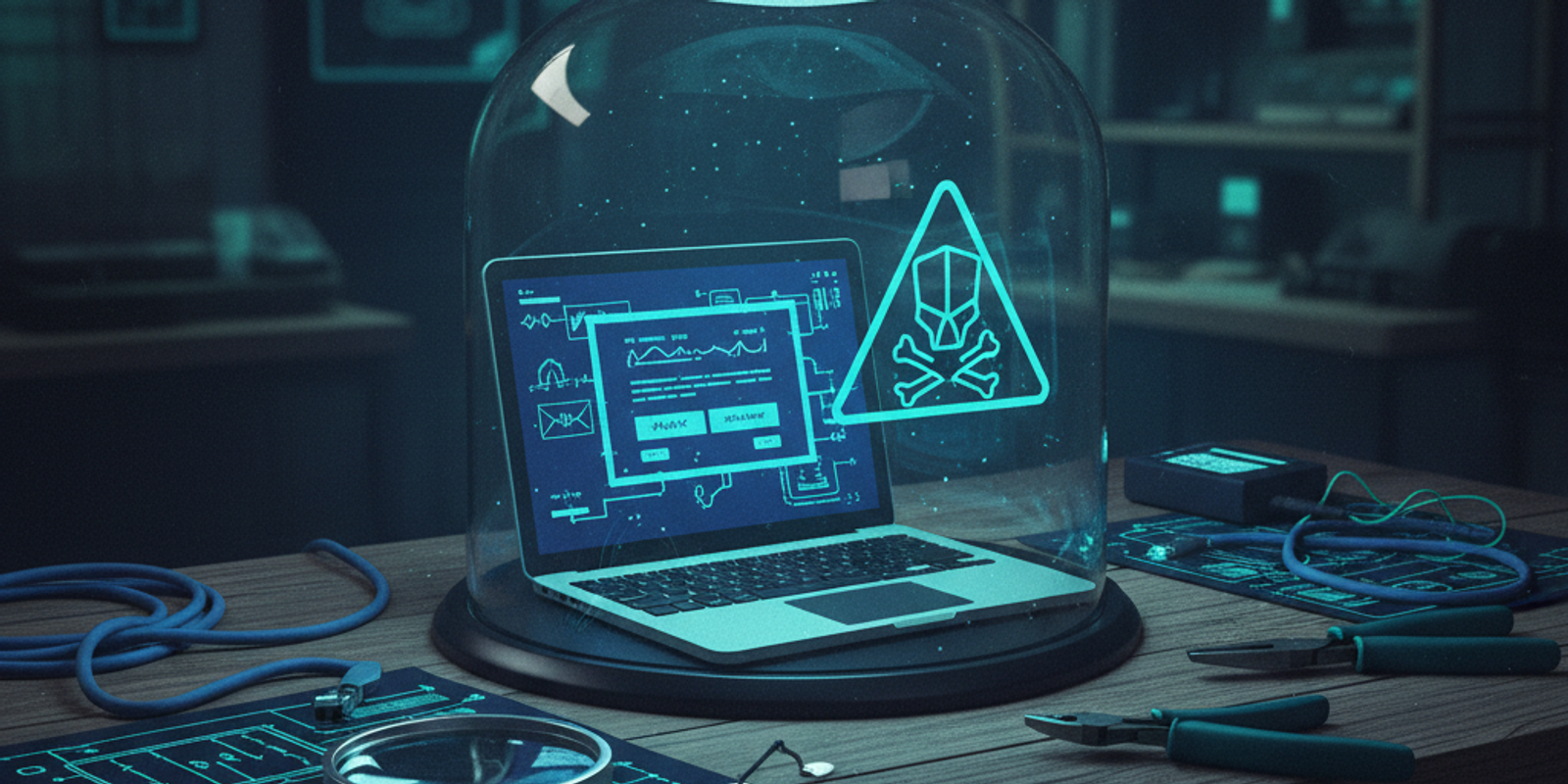 An illustration of a laptop in a glass box, representing a safe phishing sandbox, with analysis tools outside the box.