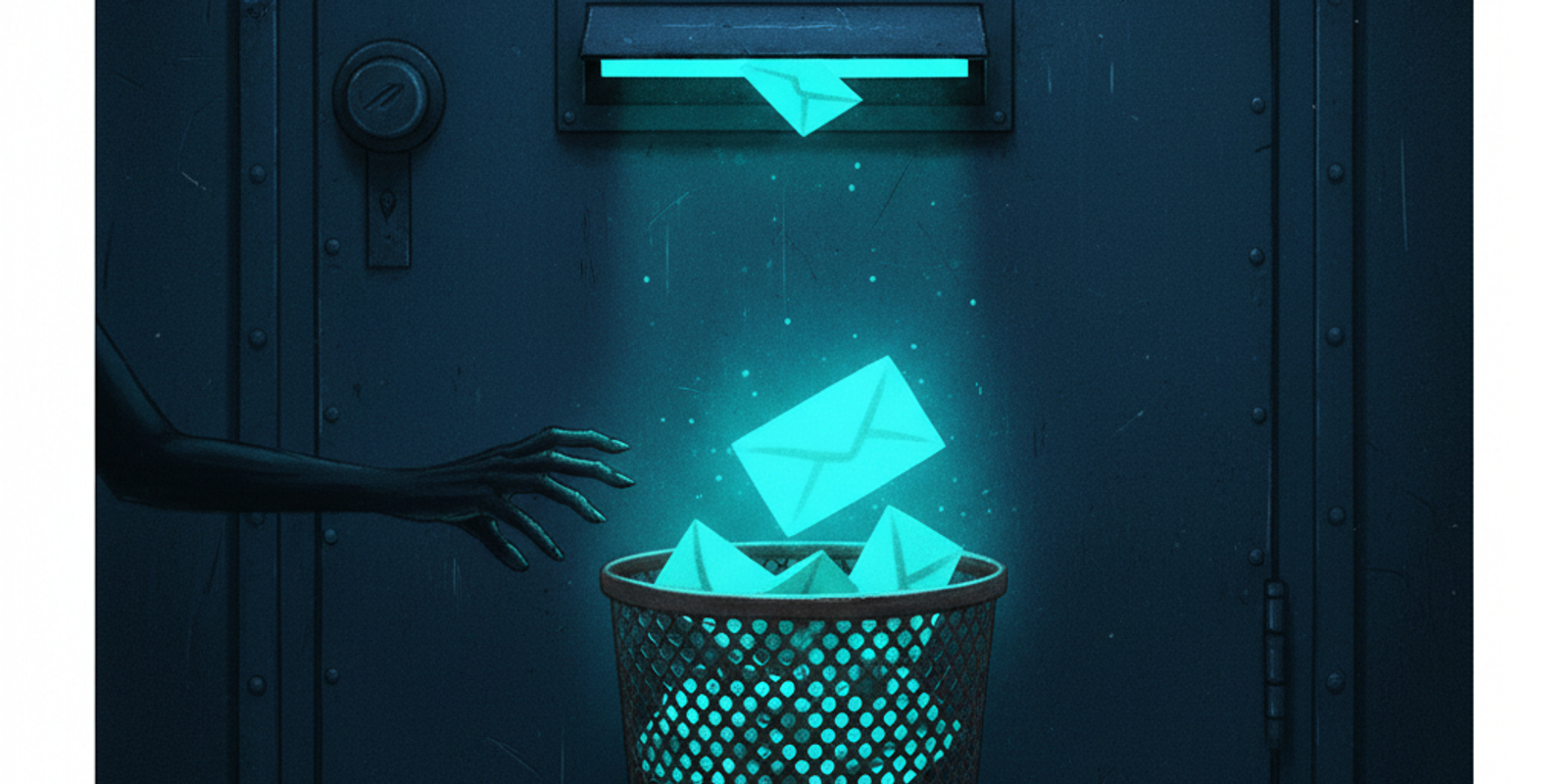 Illustration of a mail slot on a door dropping letters into a trash can, where one glowing phishing email waits to be fo