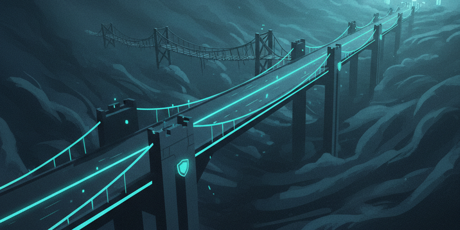 Illustration of a strong modern bridge next to a weak, crumbling rope bridge, representing the single point of failure i