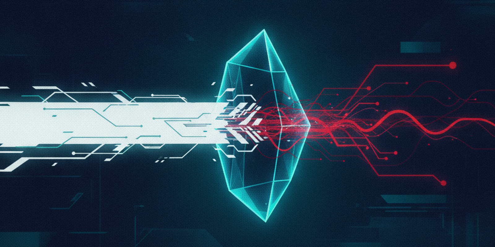 Editorial illustration of a data stream being split by a prism to reveal hidden malicious instructions.