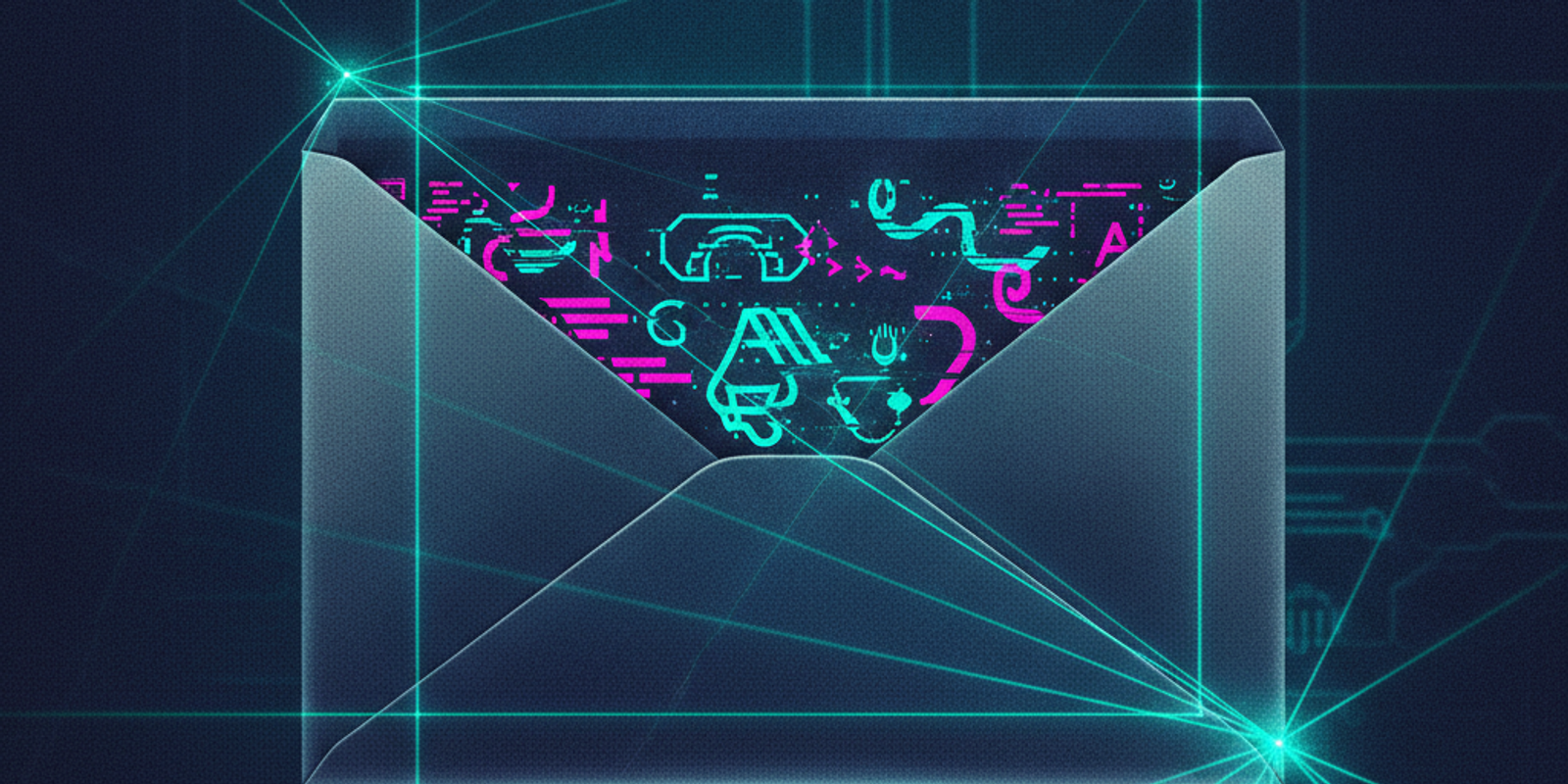 A metallic envelope scanned by a geometric laser grid revealing hidden code inside.