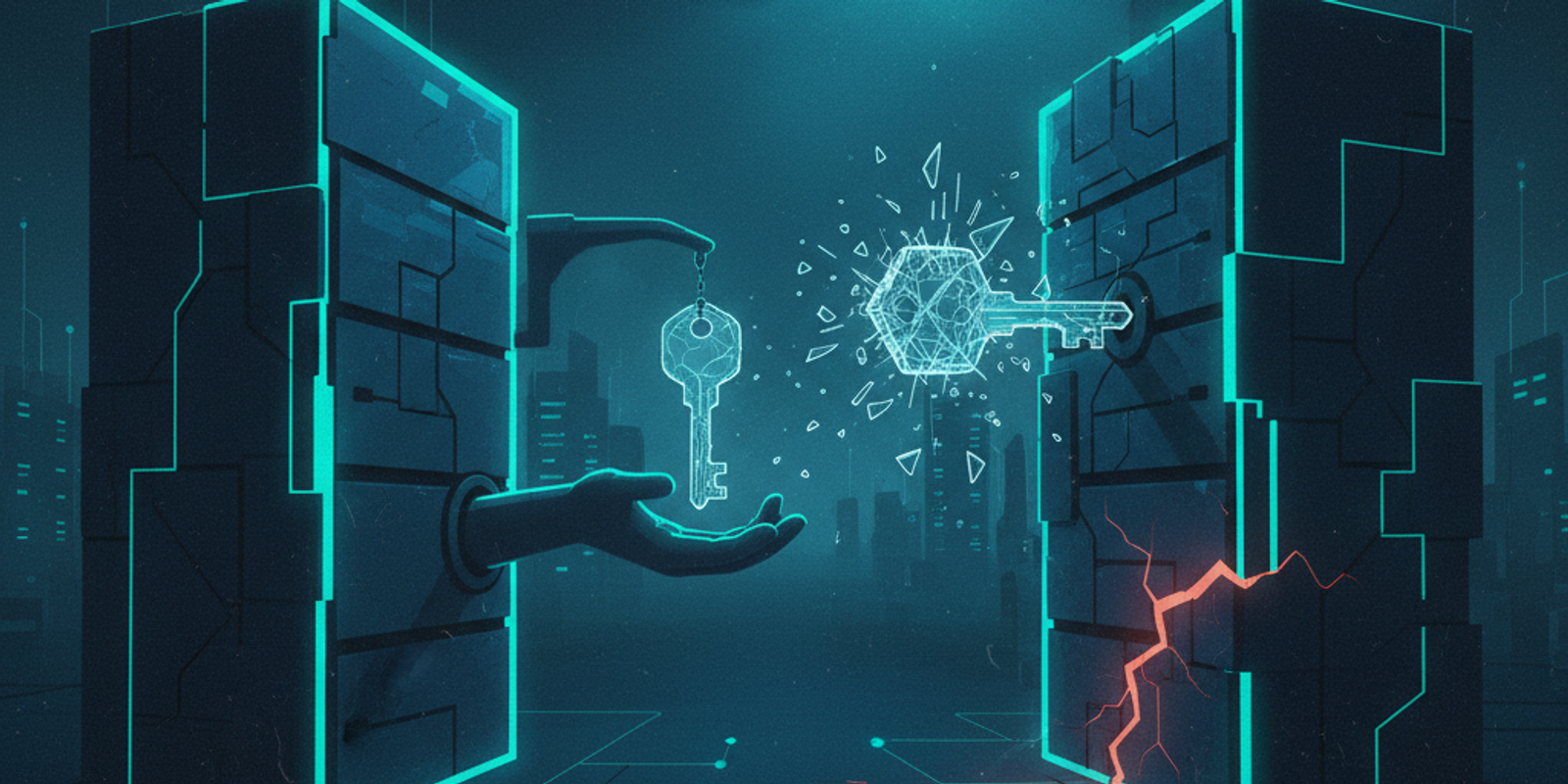 An illustration of a glass key shattering as it's passed to a server with a cracked foundation, symbolizing a broken DKI