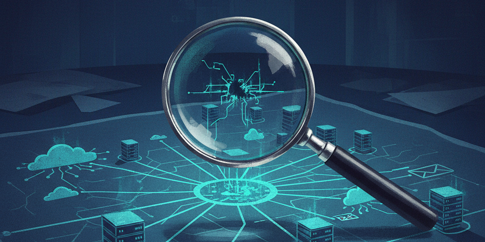 An illustration showing a magnifying glass revealing a flaw labeled '_dmarc' in a complex blueprint, symbolizing DMARC r