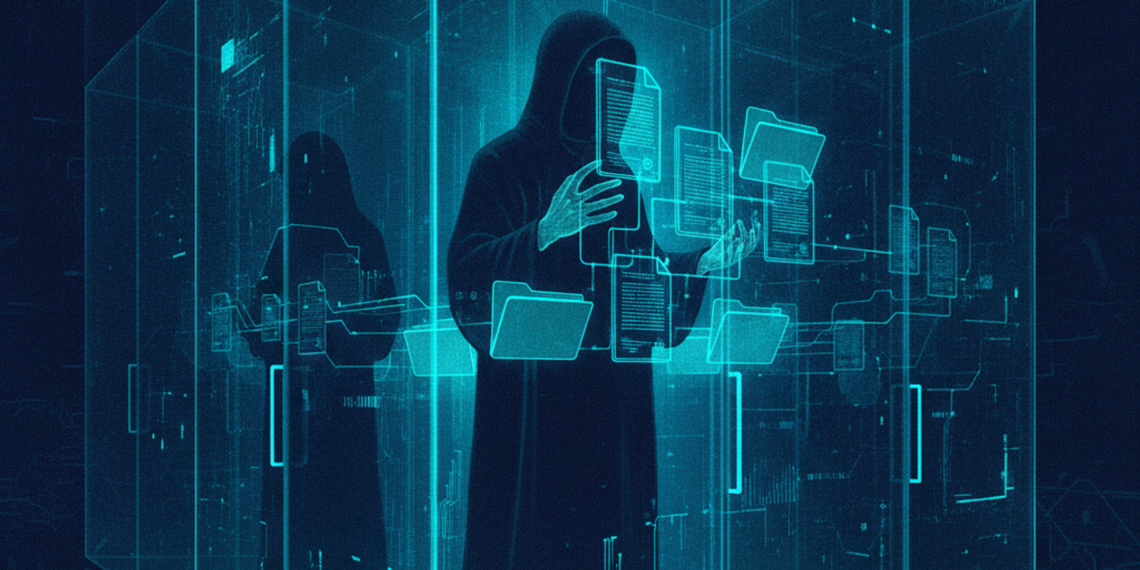 Editorial illustration of a shadowy figure manipulating glowing file folders inside a glass server structure.