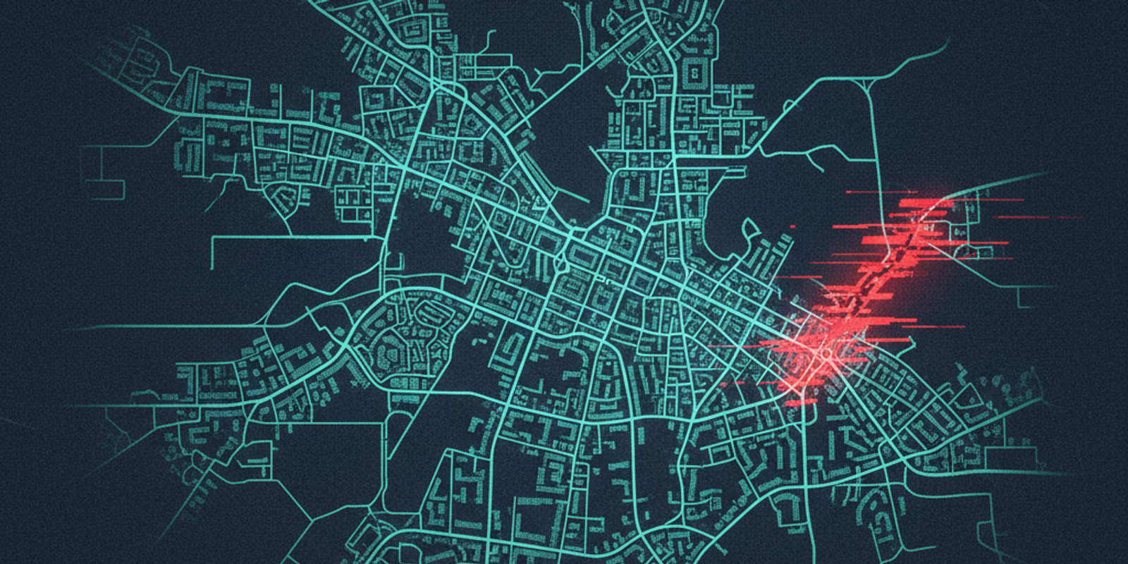 An overhead illustration of a city blueprint, with one forgotten street glowing red to symbolize a security vulnerabilit