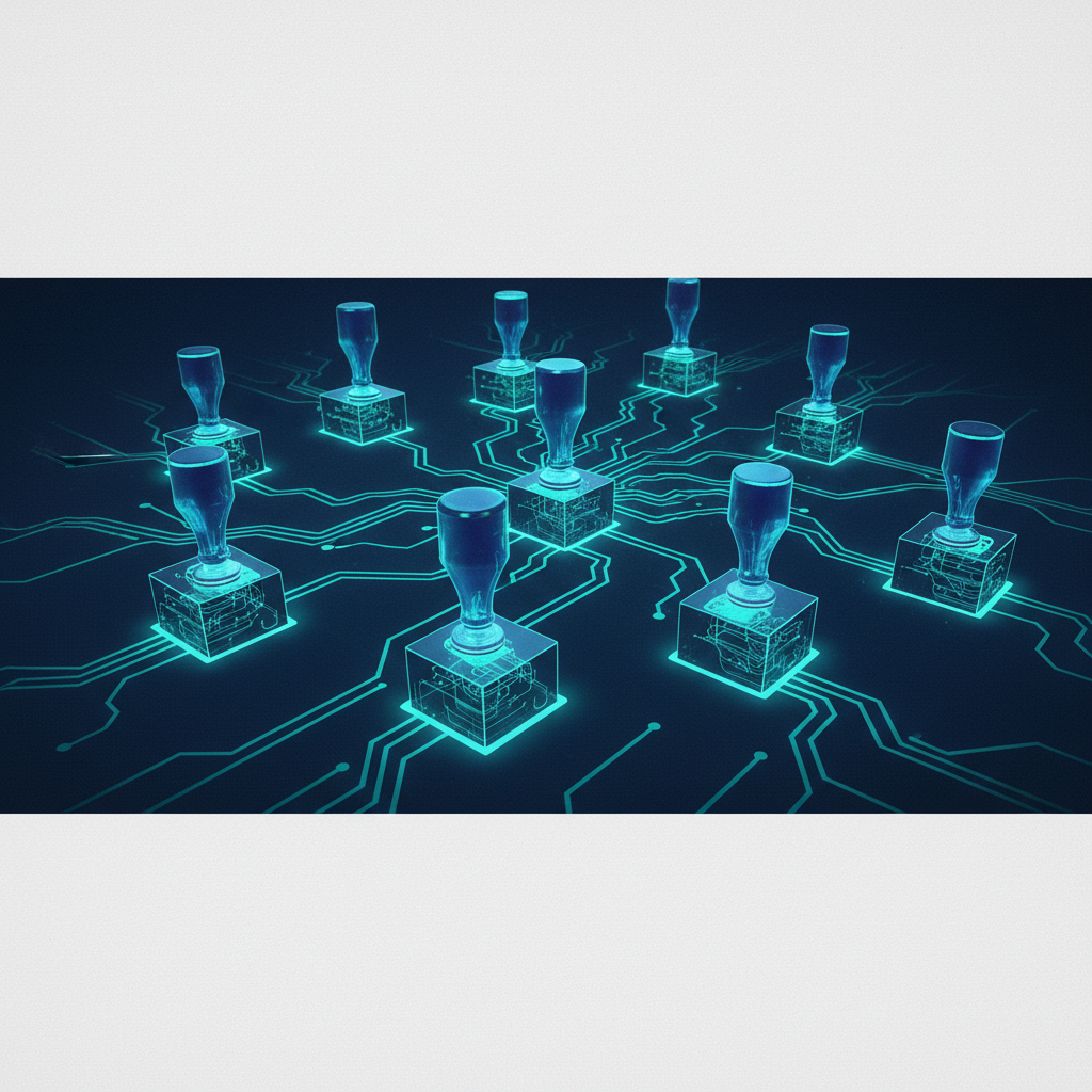 A digital network with holographic rubber stamps marking data packets, visualizing the concept of email header forensics