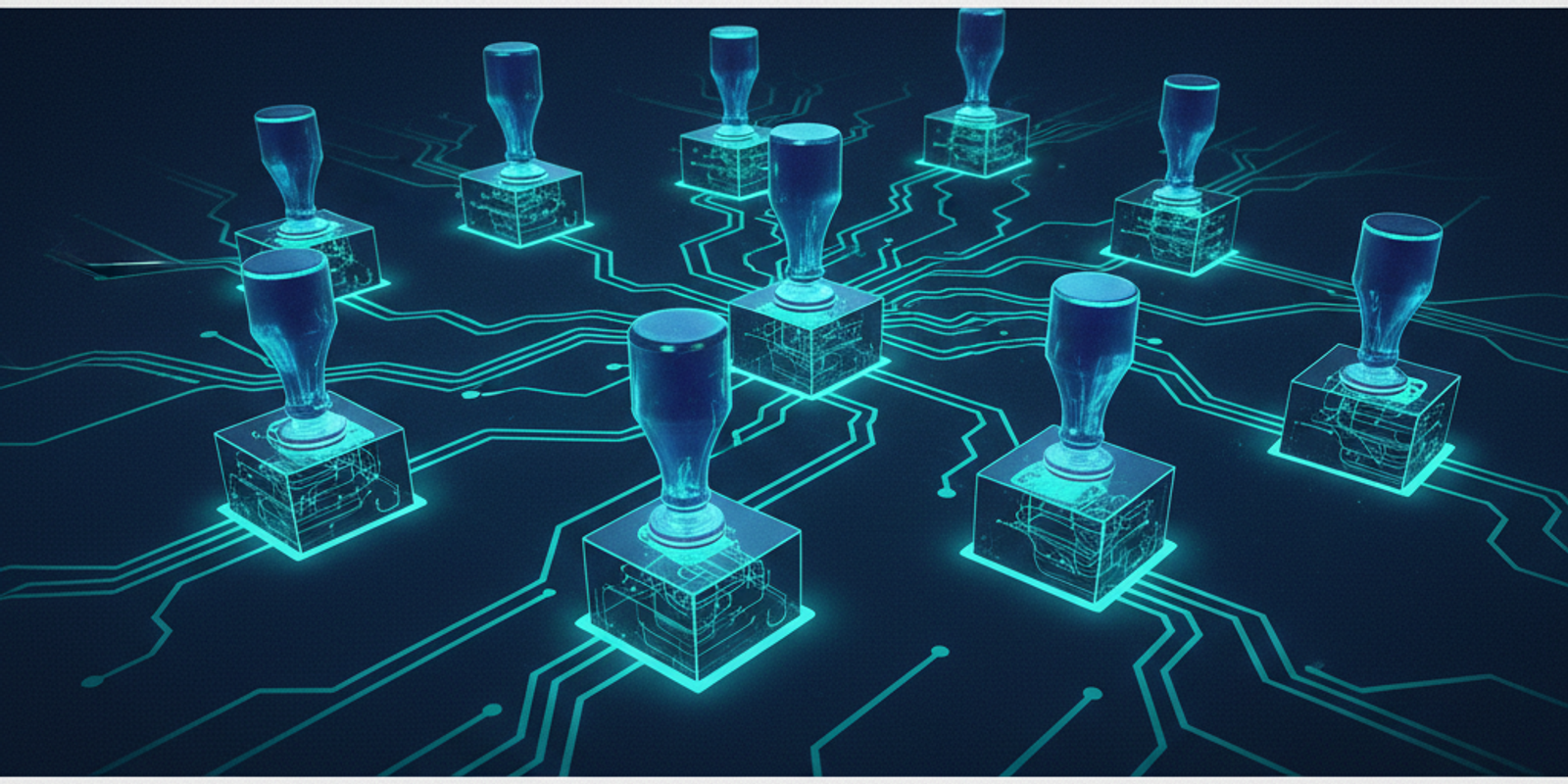 A digital network with holographic rubber stamps marking data packets, visualizing the concept of email header forensics