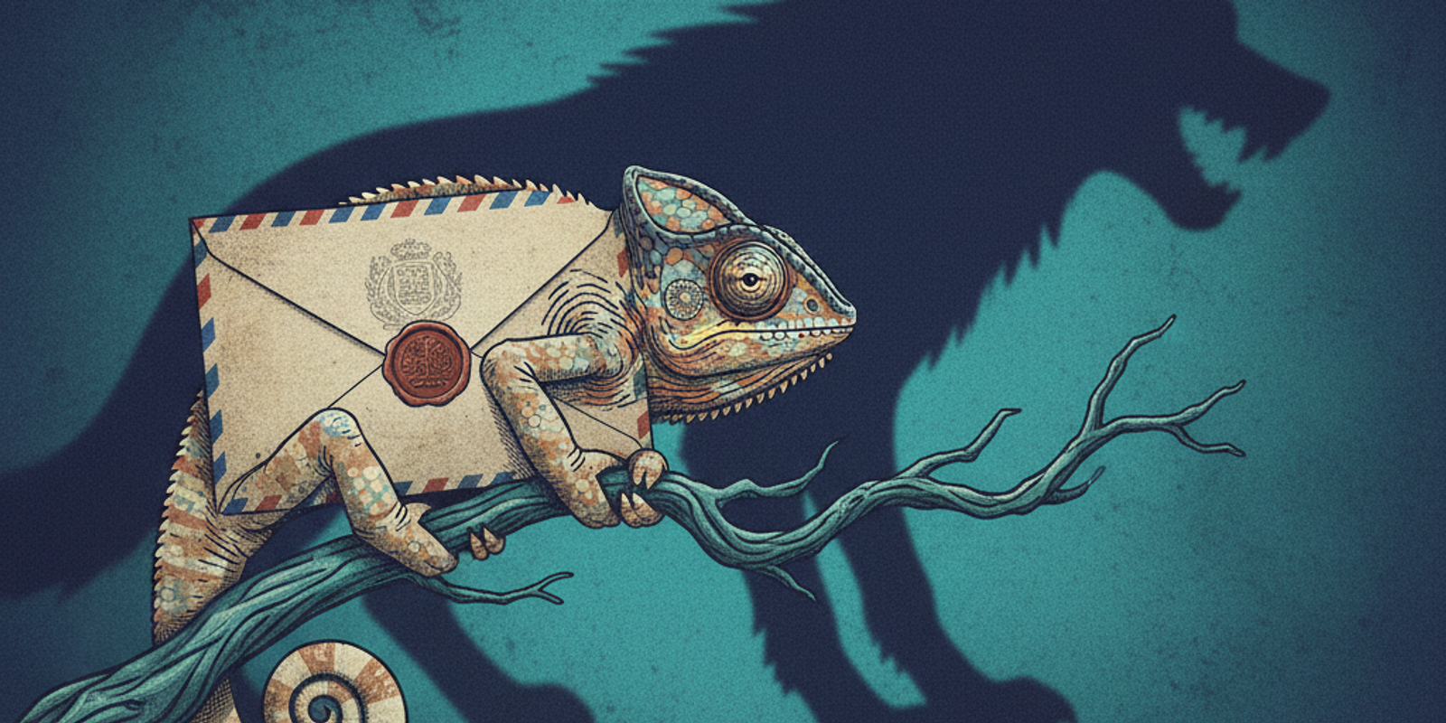 An illustration of a chameleon disguised as an envelope, but its shadow on the wall is a wolf, symbolizing a hidden thre