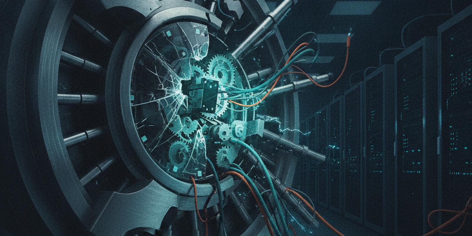 A shattered steel vault door revealing exposed digital clock wires in a dark server room