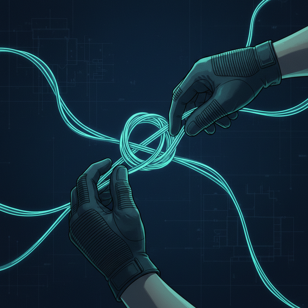 An illustration showing hands in gloves carefully untangling a complex knot of glowing wires, symbolizing a rapid email 