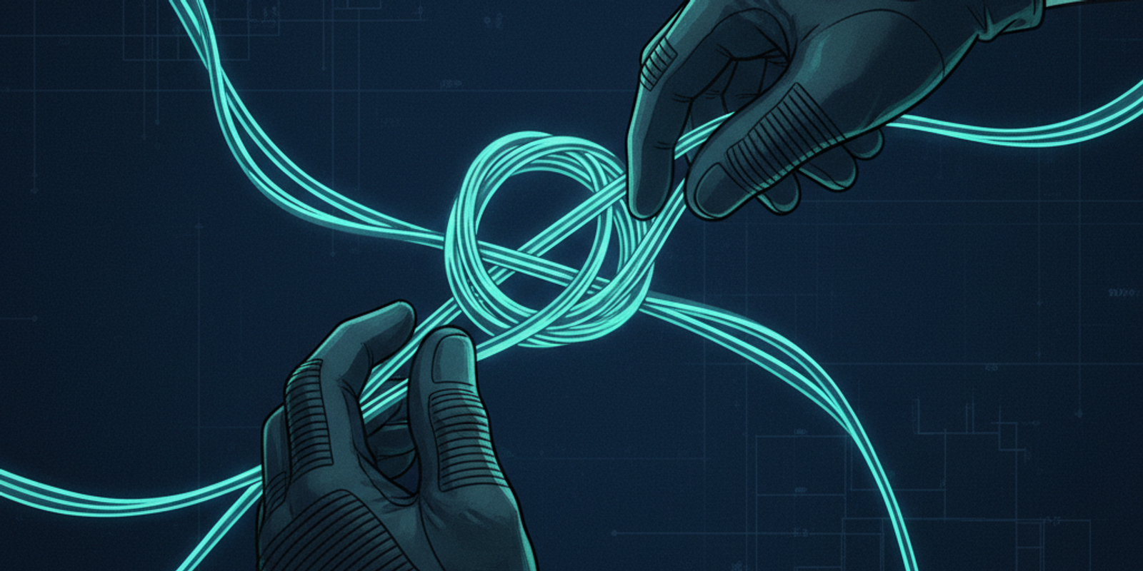 An illustration showing hands in gloves carefully untangling a complex knot of glowing wires, symbolizing a rapid email