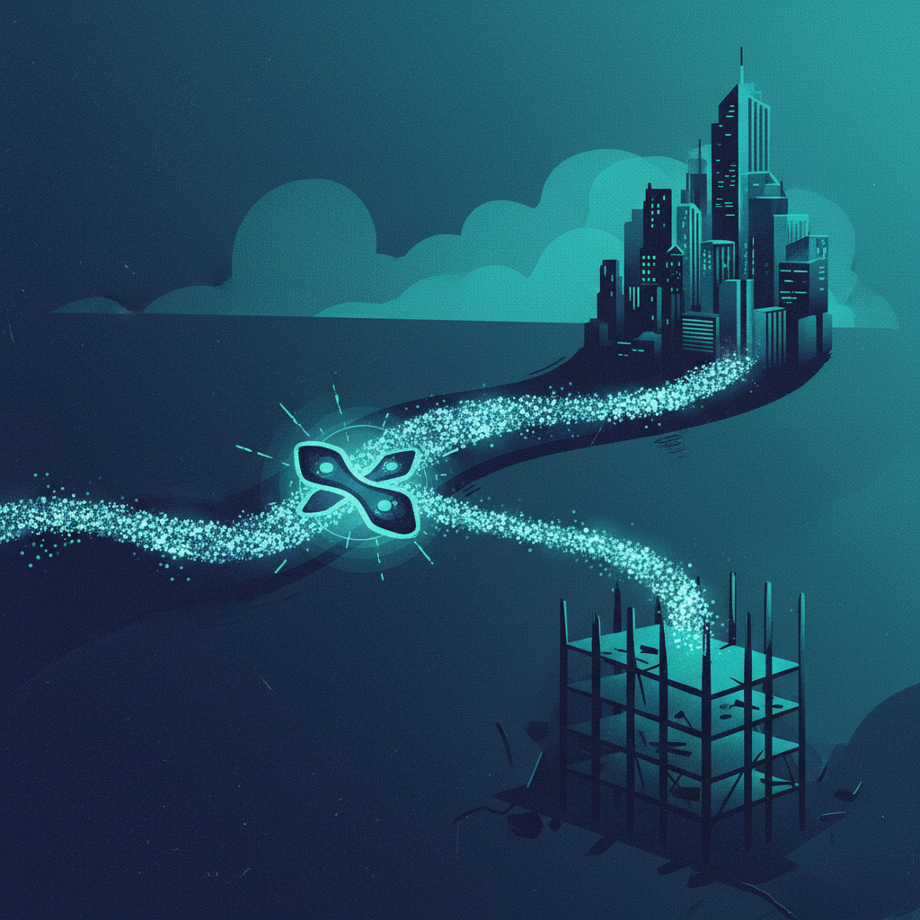 An illustration of an email stream being split by a railroad switch, with one path going to a finished city and the othe